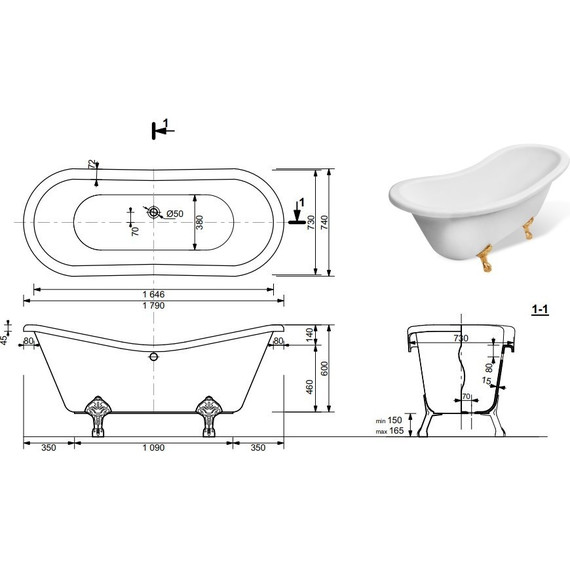 Ванна отдельностоящая Эстет Бостон 180х74 см ФР-00000624 фото 2