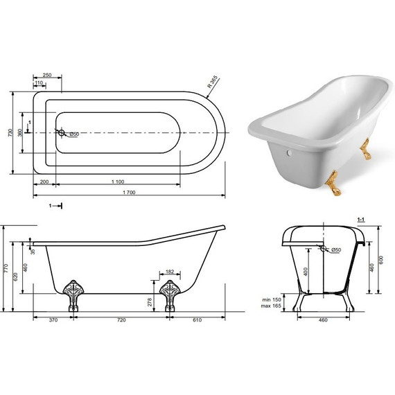 Ванна отдельностоящая Эстет Царская 170х73 см ФР-00000685 - 2 Ванна отдельностоящая Эстет Царская 170х73 см ФР-00000685 фото 2