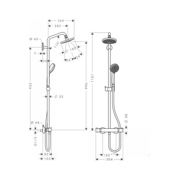 Душевая стойка Hansgrohe Showerpipe Croma 160 27135000 - 2 Душевая стойка Hansgrohe Showerpipe Croma 160 27135000 фото 2