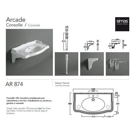 Раковина подвесная Simas Arcade 105 см AR874bi*3 фото 5