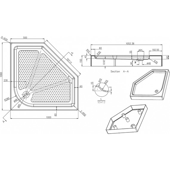 Акриловый поддон Azario 100х100 см P310R/L фото 3