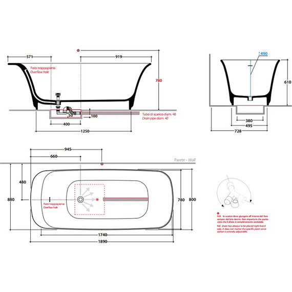 Ванна отдельностоящая Globo Relais 190х80 VA189NE, чёрный фото 2