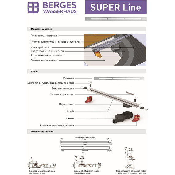 Трап Berges Wasserhaus Super Line 65 см 090181, нержавеющая сталь - 3 Трап Berges Wasserhaus Super Line 65 см 090181, нержавеющая сталь фото 3