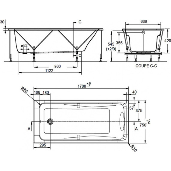 Ванна акриловая Jacob Delafon Odeon Up 170х75 см E60491RU-00, Размер - мм: 1700х750 фото 6