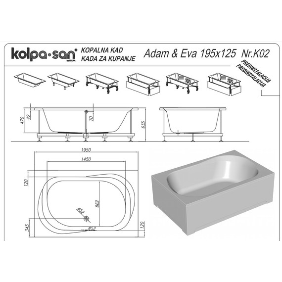 Ванна акриловая Kolpa-San Adam & Eva 195x125 см, Размер - мм: 1950х1250 фото 5