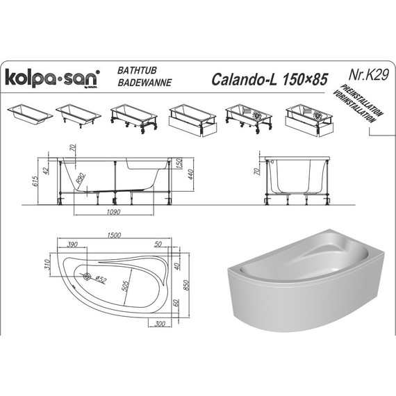 Ванна акриловая Kolpa-San Calando 150x85 см L, Размер - мм: 1500х850 фото 5