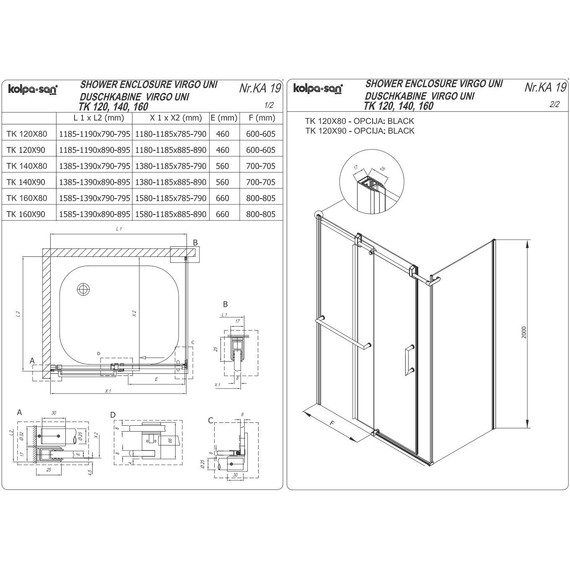 Душевое ограждение Kolpa-San Virgo TK 120х90 см, черный/прозрачное фото 3