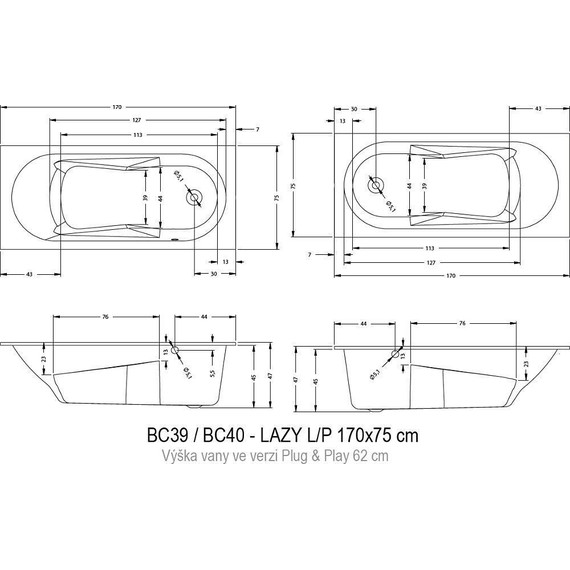 Ванна акриловая Riho Lazy right plug & play 170x75 см BD7900500000000, Размер - мм: 1700х750 фото 7