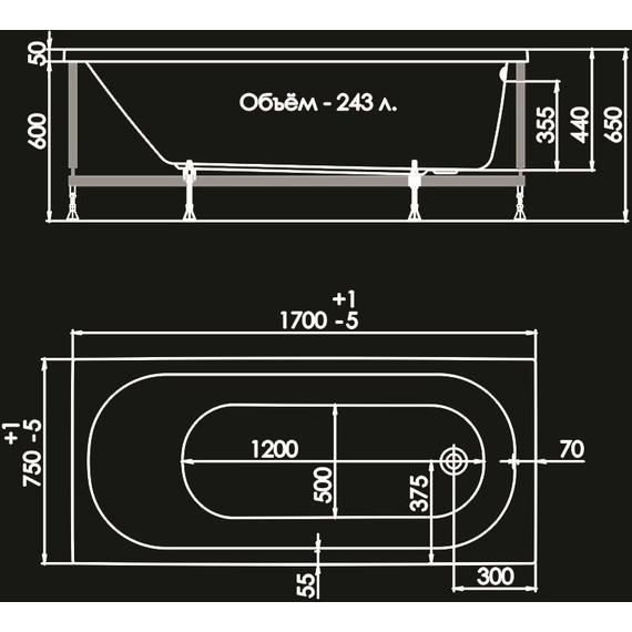 Ванна акриловая 1ACReal Tokyo 170х75 см BBA-TY1775X0-00U с каркасом фото 12