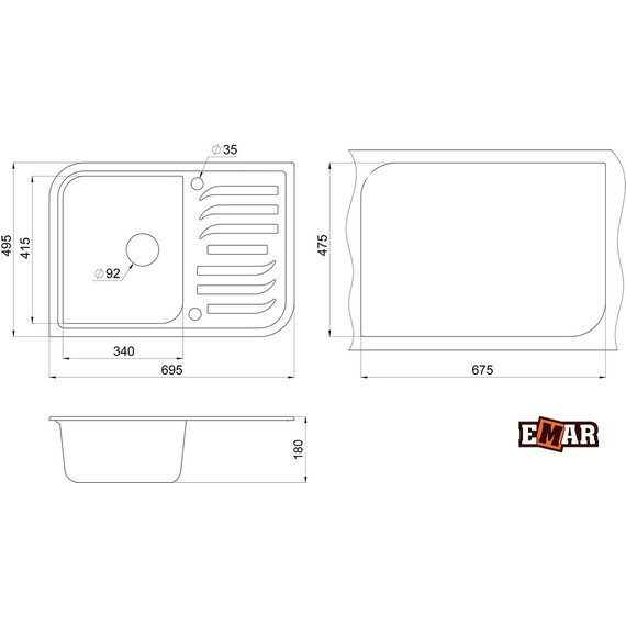 Кухонная мойка Emar EMQ-1695.Q, морион, Цвет производителя: морион фото 2