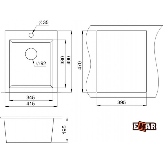 Кухонная мойка Emar EMQ-1415.Q, оникс, Цвет производителя: оникс фото 2