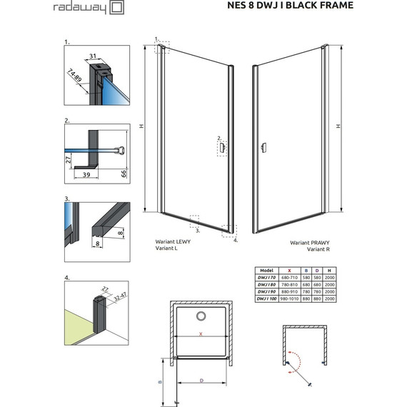 Душевая дверь Radaway Nes 8 Black DWJ I Frame 70 см 10076070-54-56R (стекло 8 мм), черный/прозрачное - 6 Душевая дверь Radaway Nes 8 Black DWJ I Frame 70 см 10076070-54-56R (стекло 8 мм), черный/прозрачное фото 6