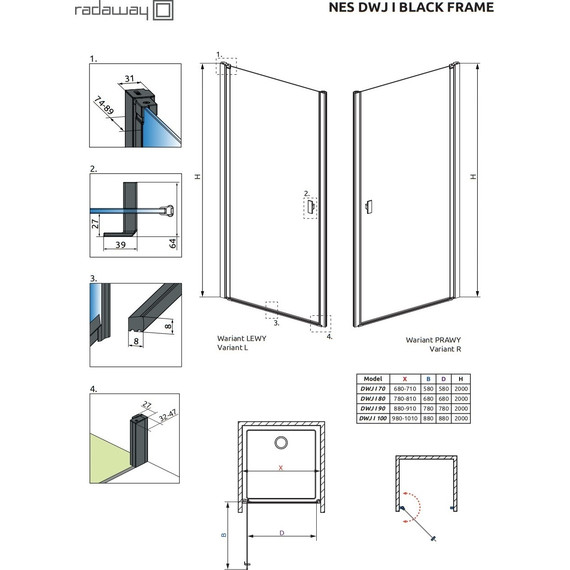 Душевая дверь Radaway Nes Black DWJ I Frame 80 см 10026080-54-56R, черный/прозрачное - 6 Душевая дверь Radaway Nes Black DWJ I Frame 80 см 10026080-54-56R, черный/прозрачное фото 6
