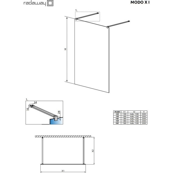 Душевая перегородка Radaway Modo X Black I 120х200 см 388324-54-01 (стекло 10 мм), черный/прозрачное фото 3