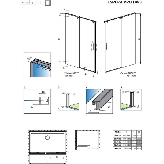 Душевая дверь Radaway Espera Pro DWJ front 110 см L (стекло 8 мм), хром/прозрачное фото 8