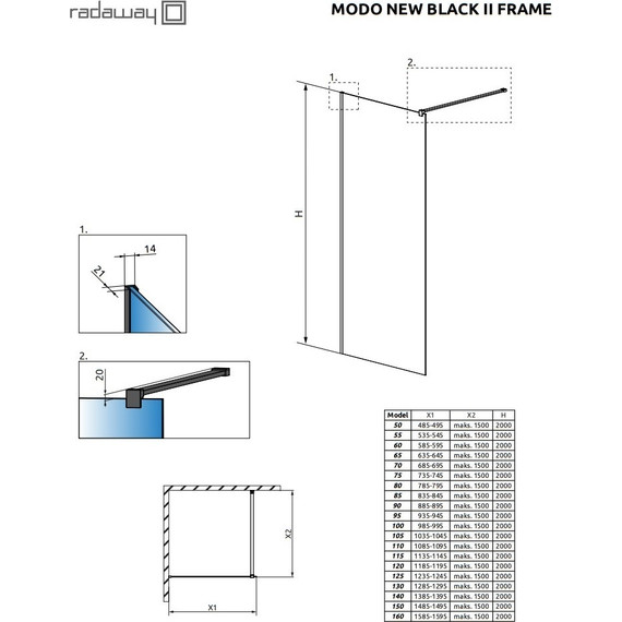 Душевая перегородка Radaway Modo New Black II Frame 95х200 см 389095-54-56 (стекло 8 мм), черный/прозрачное фото 4