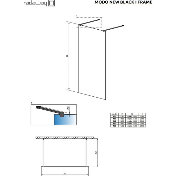 Душевая перегородка Radaway Modo New Black I Frame 130х200 см 388134-54-58 (стекло 8 мм), черный/прозрачное фото 4