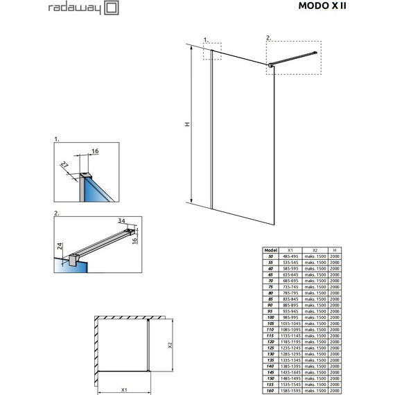 Душевая перегородка Radaway Modo X Black II 135х200 см 389335-54-01 (стекло 10 мм), черный/прозрачное фото 6