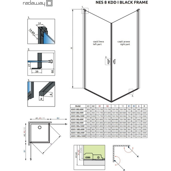 Душевое ограждение Radaway Nes 8 Black KDD I Frame 90х90 см (стекло 8 мм), черный/прозрачное фото 6