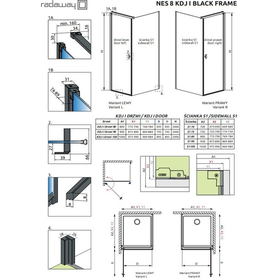 Душевое ограждение Radaway Nes 8 Black KDJ I Frame + S1 100х75 см R (стекло 8 мм), черный/прозрачное фото 6