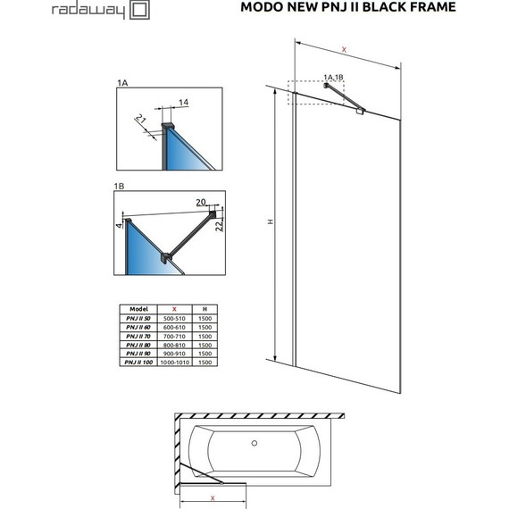 Шторка для ванны Radaway Modo New Black PNJ II Frame 60 см 10006060-54-56 (стекло 8 мм), черный/прозрачное фото 3