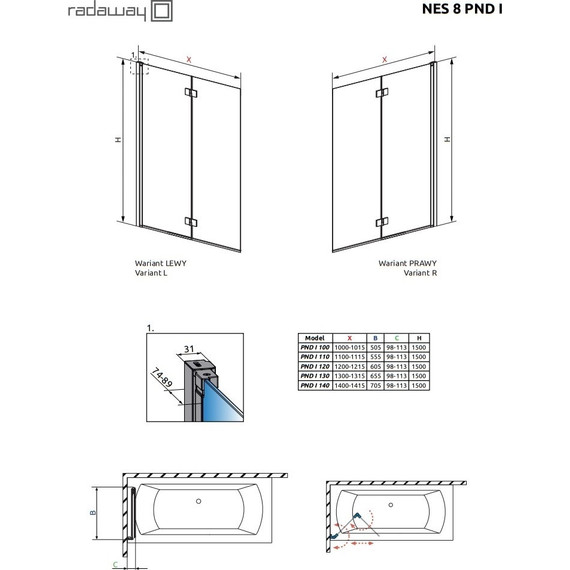 Шторка для ванны Radaway Nes 8 Black PND I 110 см 10060110-54-01R (стекло 8 мм), черный/прозрачное фото 9