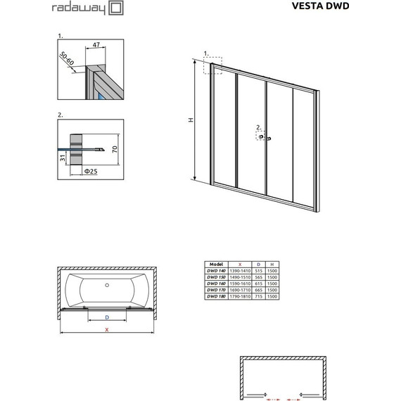 Шторка для ванны Radaway Vesta DWD 150 см 203150-01, хром/прозрачное фото 6
