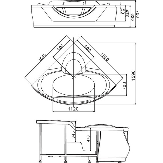 Ванна акриловая Gemy G9025 II C 155x155 см фото 4