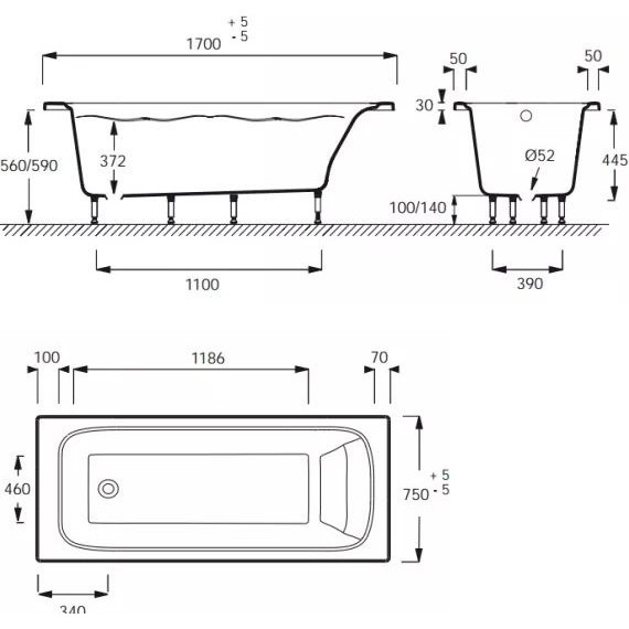 Ванна акриловая Jacob Delafon Elite 170х75 см E6D031RU-00 с ножками, Размер - мм: 1700х750 - 7 Ванна акриловая Jacob Delafon Elite 170х75 см E6D031RU-00 с ножками, Размер - мм: 1700х750 фото 7