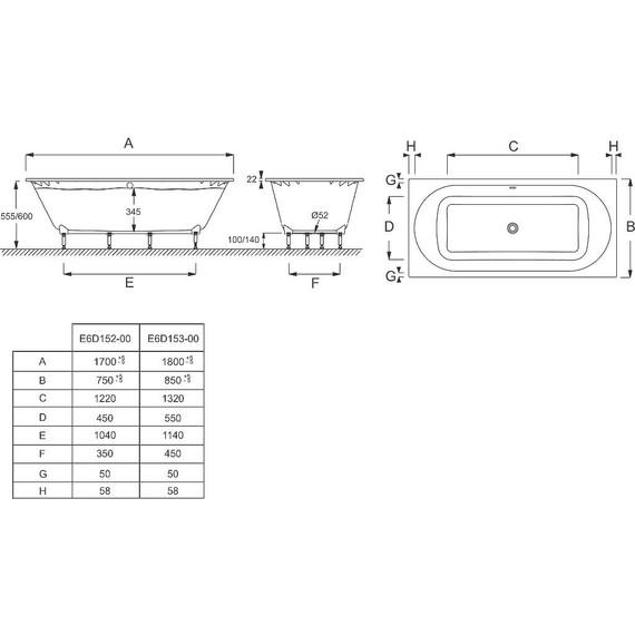 Ванна акриловая Jacob Delafon Odeon Rive Gauche 170х75 см E6D152-00 с ножками, Размер - мм: 1700х750 - 3 Ванна акриловая Jacob Delafon Odeon Rive Gauche 170х75 см E6D152-00 с ножками, Размер - мм: 1700х750 фото 3