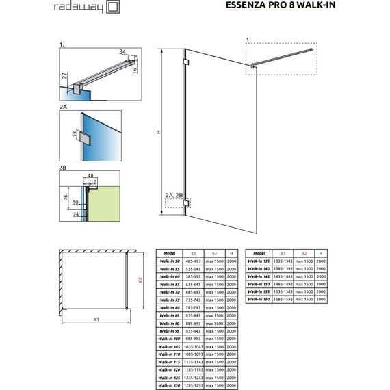 Душевая перегородка Radaway Essenza Pro 8 Gold Walk-in 50х200 см 1012050-09-01 (стекло 8 мм), золото/прозрачное фото 6