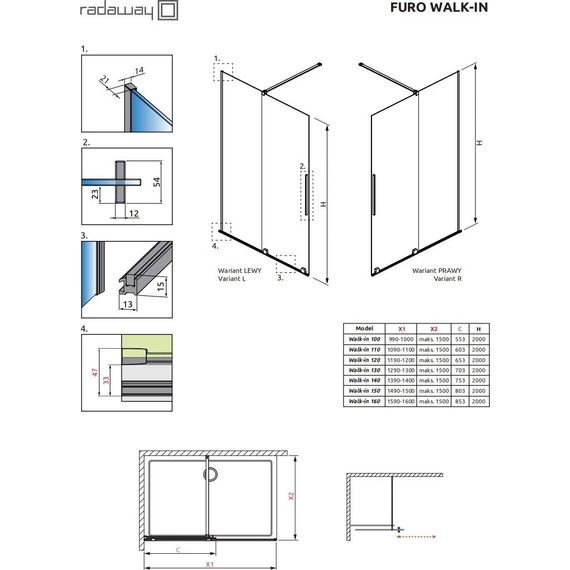 Душевая перегородка Radaway Furo Black Walk-in 150х200 см 10106788-54-01R (стекло 8 мм), черный/прозрачное фото 4