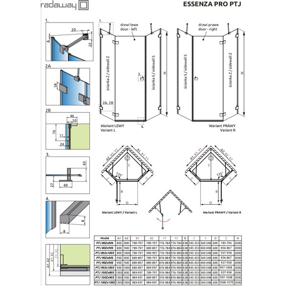 Душевое ограждение Radaway Essenza Pro Gold PTJ 100х90 см R, золото/прозрачное фото 7