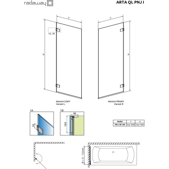 Шторка для ванны Radaway Arta QL PNJ I 30-100 см 10102500-03-01L (стекло 8 мм), хром/прозрачное фото 5