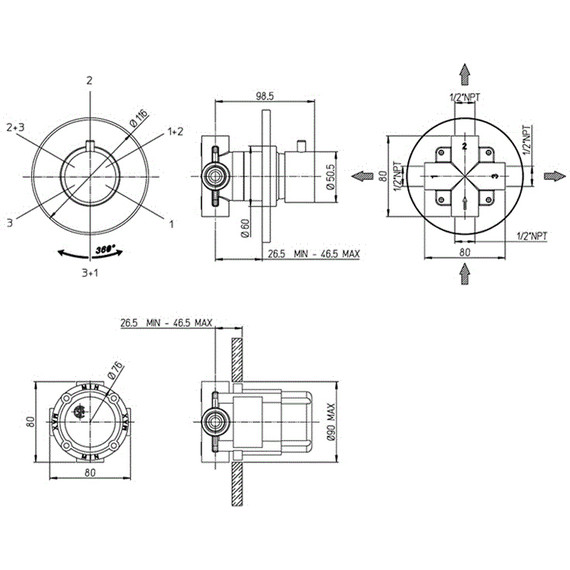 Переключатель потоков на три потребителя Paini Cox 78PZ471, черный фото 4