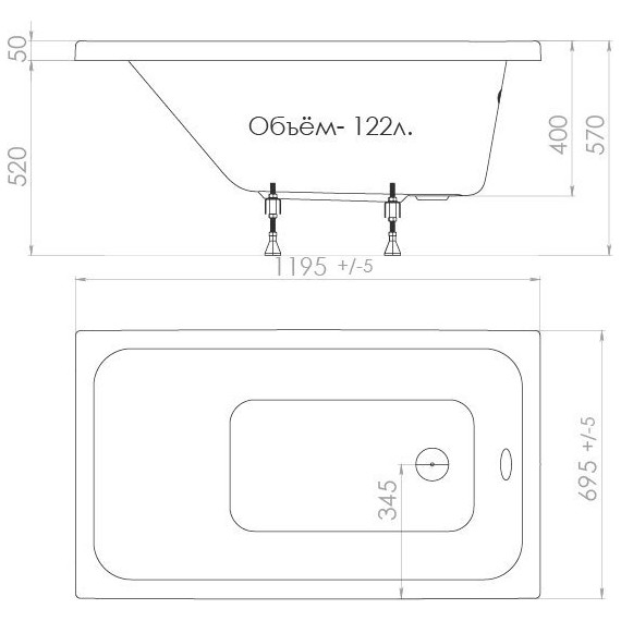 Ванна акриловая Тритон Ультра 120х70 см, Размер - мм: 1200х700 фото 7