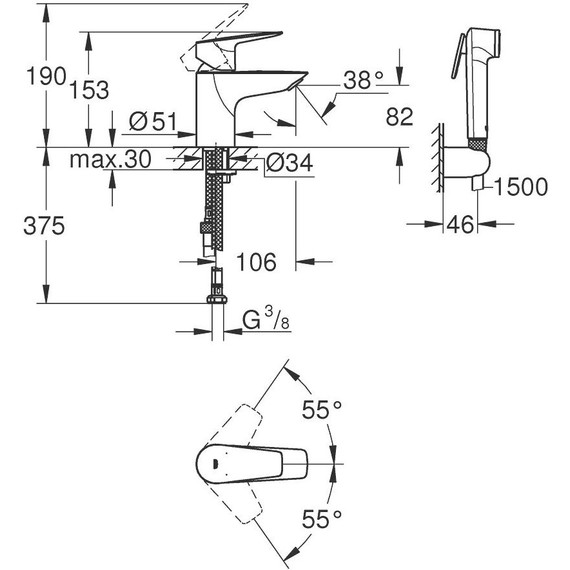 Смеситель для раковины с лейкой для биде Grohe BauEdge 23757001 фото 2