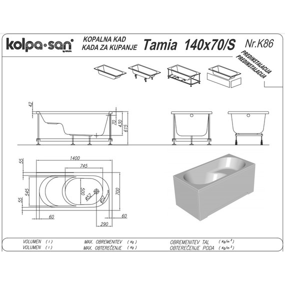 Ванна акриловая сидячая Kolpa-San Tamia S 140x70 см (в комплекте: каркас и слив-перелив) фото 2