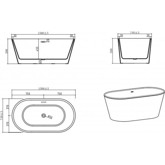 Ванна отдельностоящая BelBagno BB202-1500-750 150х75 см, Размер - мм: 1500х750 фото 3