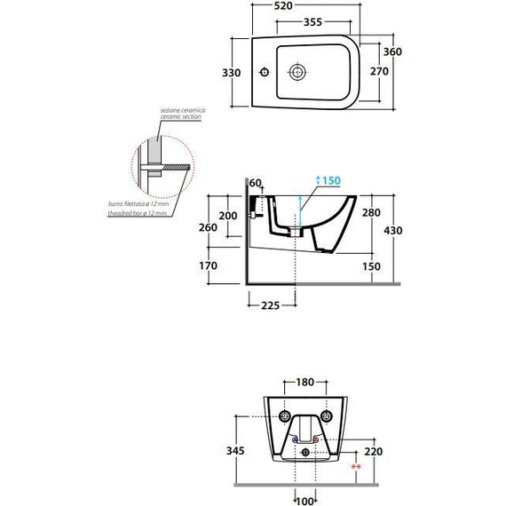 Биде подвесное Globo Stone 52х36 STS10.AR*1, черный матовый фото 2