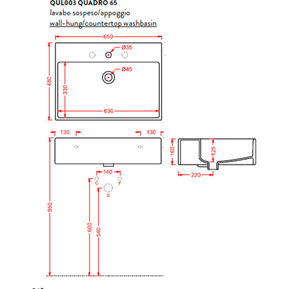Раковина Artceram Quadro 65 см QUL003 01 00 фото 5