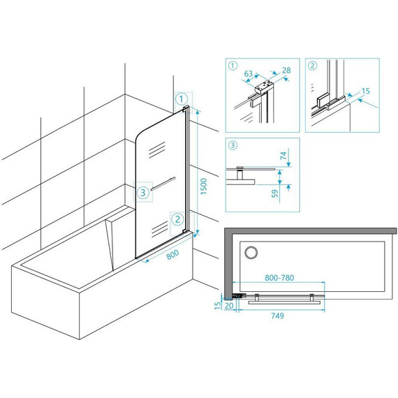Шторка для ванны RGW SC-02 80 см 03110208-11 (стекло 8 мм), хром/прозрачное фото 4