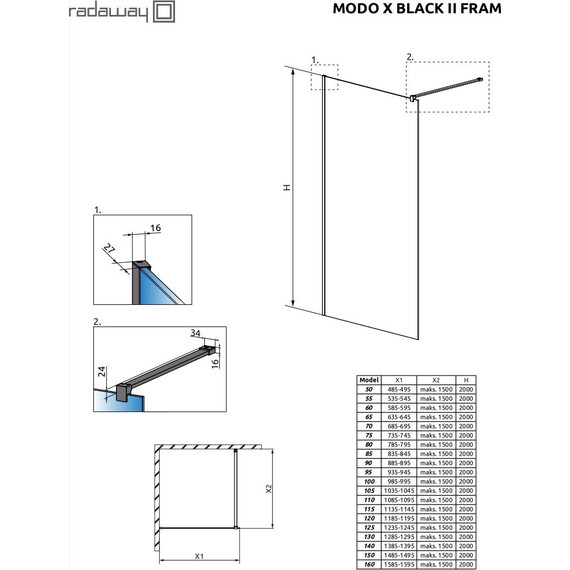 Душевая перегородка Radaway Modo X Black II Frame 140x200 см 389344-54-56 (стекло 10 мм), черный/прозрачное фото 4