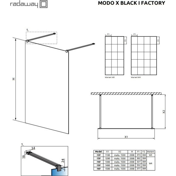 Душевая перегородка Radaway Modo X Black I Factory 140x200 см 388344-54-57 (стекло 10 мм), черный/прозрачное фото 4