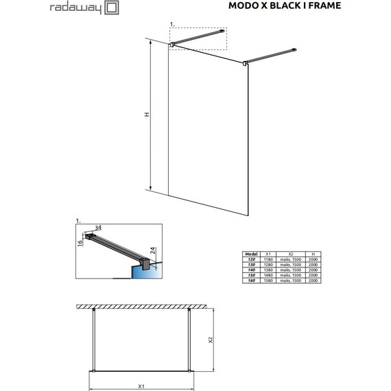 Душевая перегородка Radaway Modo X Black I Frame 160x200 см 388364-54-58 (стекло 10 мм), черный/прозрачное фото 4
