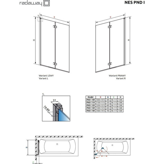 Шторка для ванны Radaway Nes PND I 100 см 10010100-01-01L, хром/прозрачное фото 3