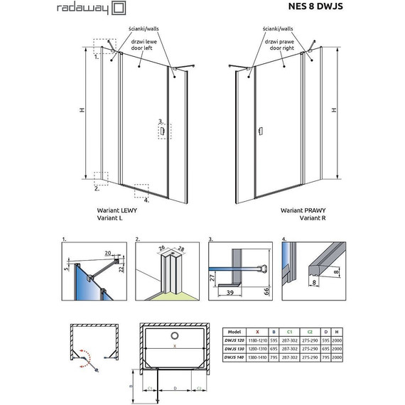 Душевая дверь Radaway Nes 8 DWJS 140 см L (стекло 8 мм), хром/прозрачное - 7 Душевая дверь Radaway Nes 8 DWJS 140 см L (стекло 8 мм), хром/прозрачное фото 7