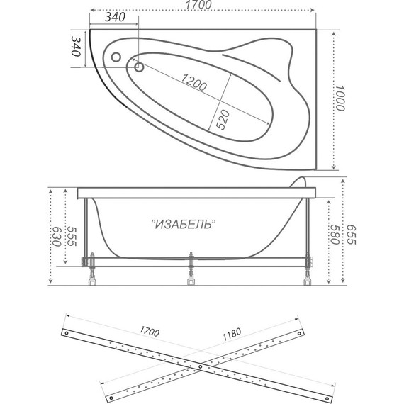 Ванна акриловая 1700х1000х625 Тритон Изабель L с каркасом фото 9