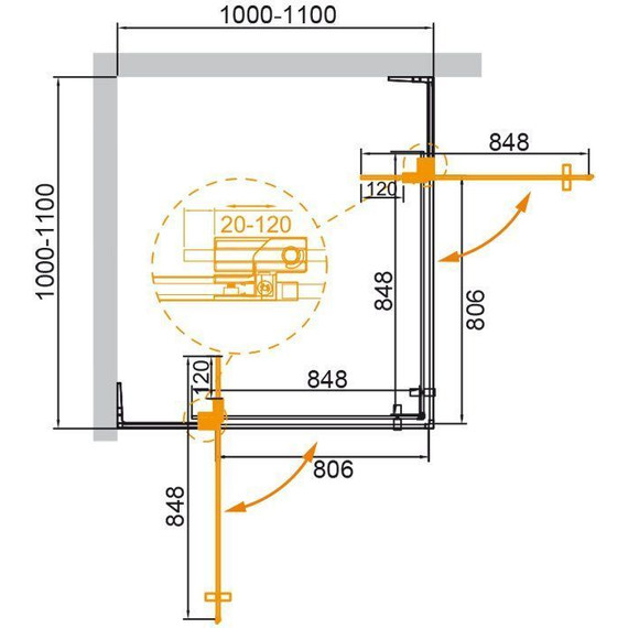 Душевое ограждение Cezares Slider A-2 (100-110)x(100-110) см (стекло 8 мм), черный/бронзовое фото 5