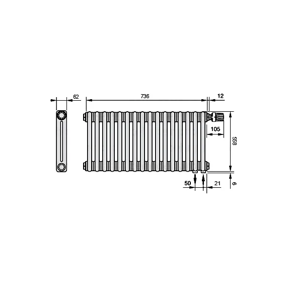 Радиатор Zehnder Charleston Retrofit 2056 760х560 мм (16 секций) нижнее подключение фото 5